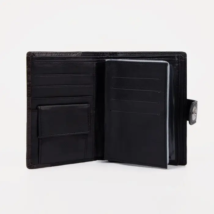 Портмоне мужское на кнопке, 3 в 1, для автодокументов и паспорта, 2 отдела, для карт, для монет, цвет чёрный/кофе