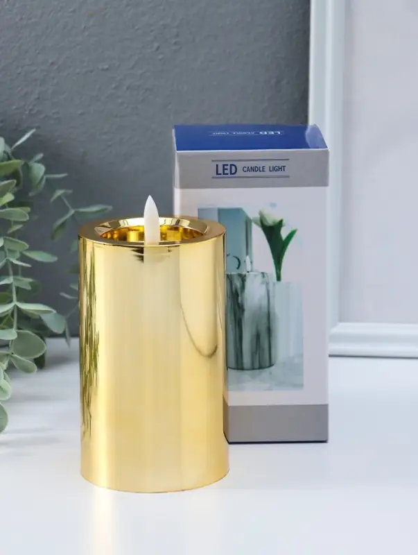 Светодиодная свеча LED "Столбик. Глянец" от батареек 3хАА, золото, мерцающая 7,5х7,5х17 см