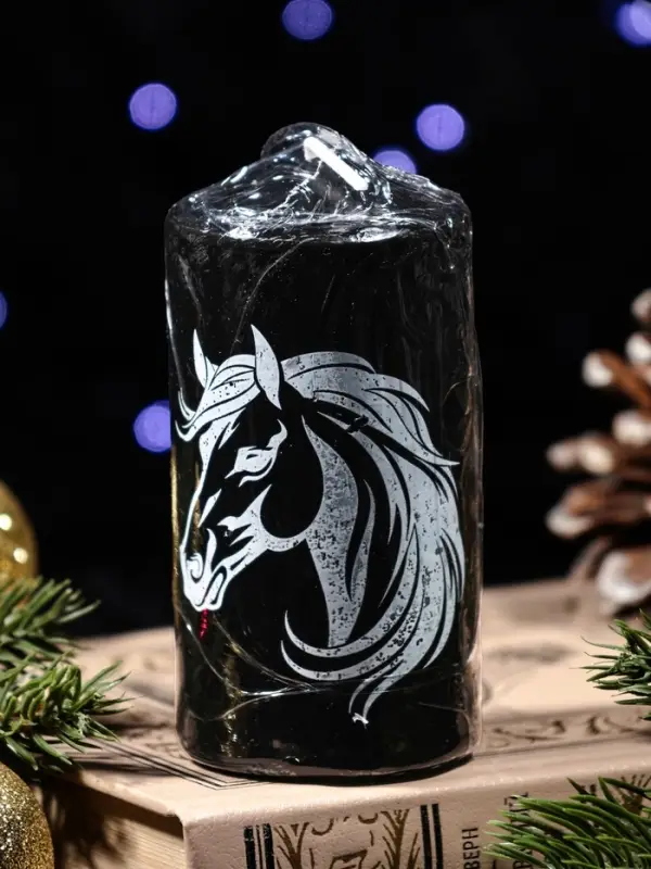 Свеча столб 50*100 мм с накаткой "Символ года" , Лошадь, черная