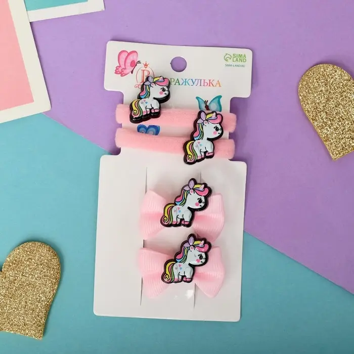 Набор для волос "Милашка" (2 зажима 3,5 см, 2 резинки) единорожка