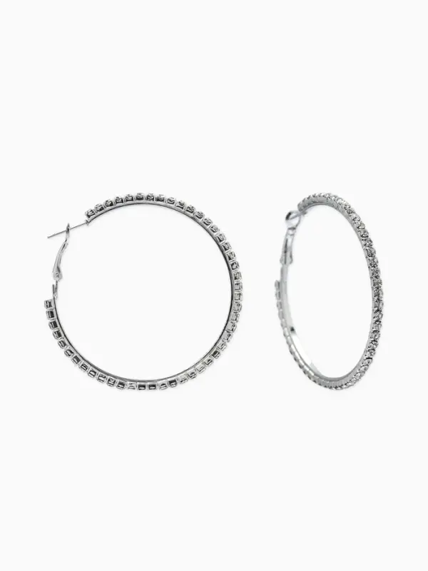 Серьги-кольца со стразами d=5.5 см, белые в серебре