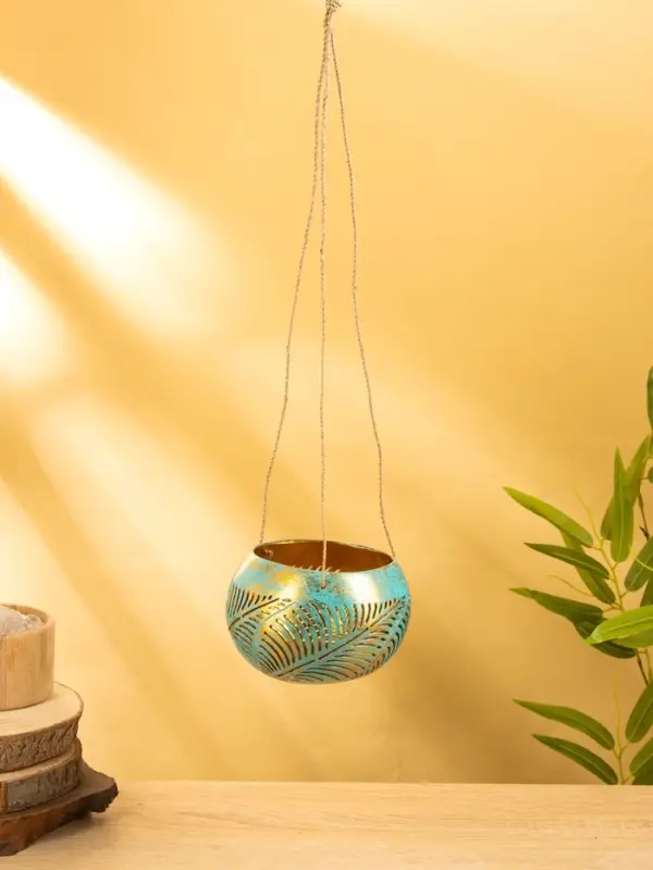 Подсвечник подвесной из кокоса, 10-13 см, бирюзово-золотой