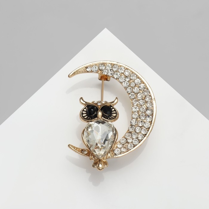 Брошь &laquo;Сова на месяце&raquo;, цвет чёрно-белый в золоте