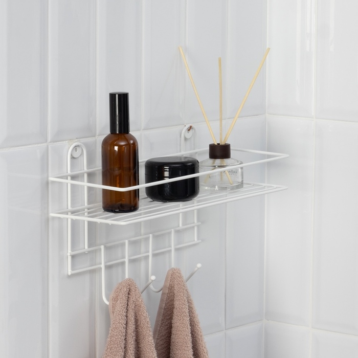 Полка для ванной прямая, 4 крючка, 33&times;12,5&times;4,5 см, цвет белый