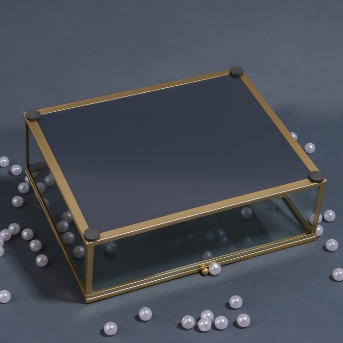 Органайзер для хранения &laquo;MOUNTAINS&raquo;, с крышкой, стеклянный, с зеркальным дном, 1 секция, 20 &times; 16 &times; 6,5 см, цвет прозрачный/медный