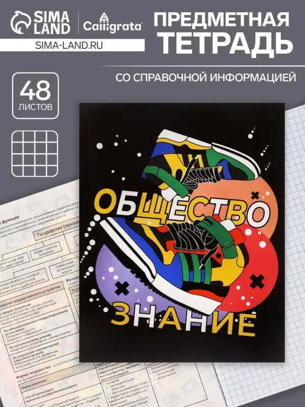 Тетрадь предметная 48 листов в клетку Calligrata, &laquo;Кеды. Обществознание&raquo;, картонная обложка