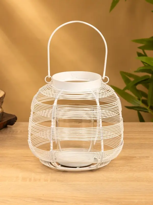 Подсвечник фонарь со стеклянной колбой, 19&times;19&times;18 см, d=9 см, металл, белый