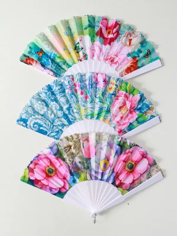 Веер пластик, текстиль "Цветы и узоры" МИКС широкие лопасти, золото 23 см