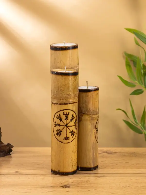 Свеча в бамбуке тройная &laquo;Руны&raquo;, 13&times;14&times;30 см, 100 мл, бежевая