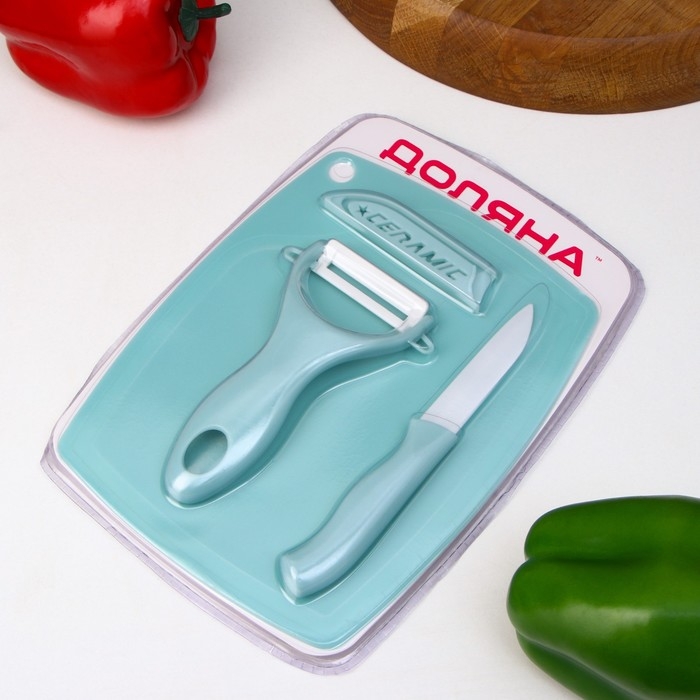 Набор кухонных принадлежностей Доляна &laquo;Керамик&raquo;, 3 предмета: нож 16 см, овощечистка 12 см, доска 19,5&times;15,5 см, цвет голубой