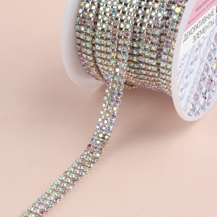 Цепь со стразами, с голографией, 3 ряда, металл, стекло, 6 мм, 4,5 &plusmn; 0,2 м, цвет серебряный