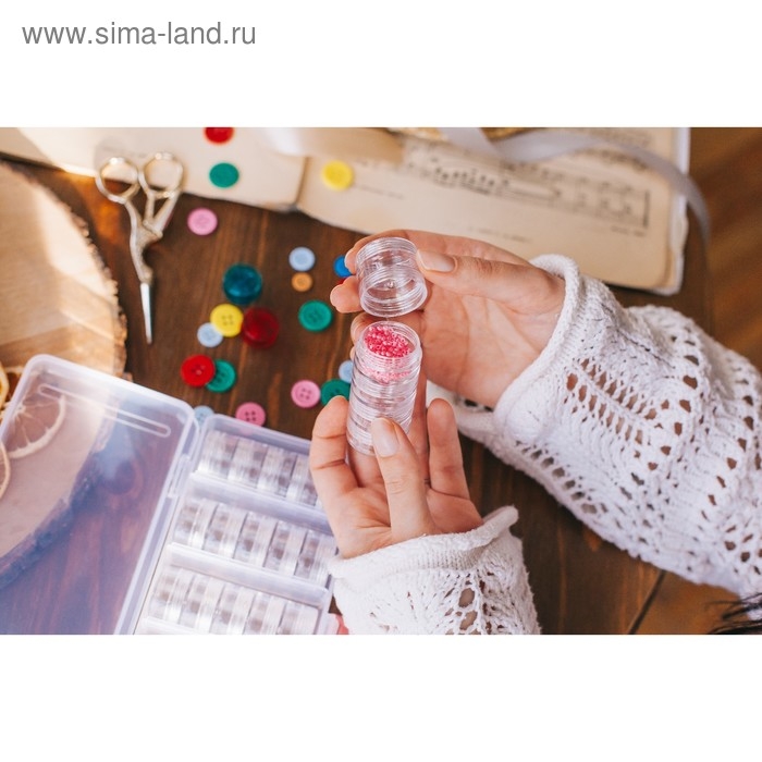 Набор баночек для рукоделия, 25 шт, d = 2,3 / 2,7 см, в контейнере со съёмными ячейками, 19 &times; 9,5 &times; 3,5 см, цвет прозрачный