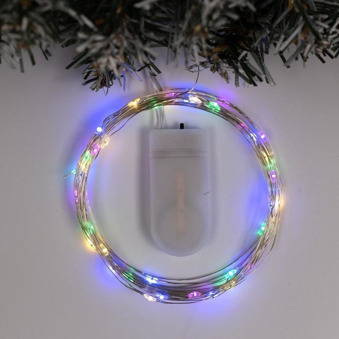 Гирлянда &laquo;Нить&raquo; 5 м роса, IP20, серебристая нить, 50 LED, батарейки CR2032х2 (в комплекте), свечение мульти