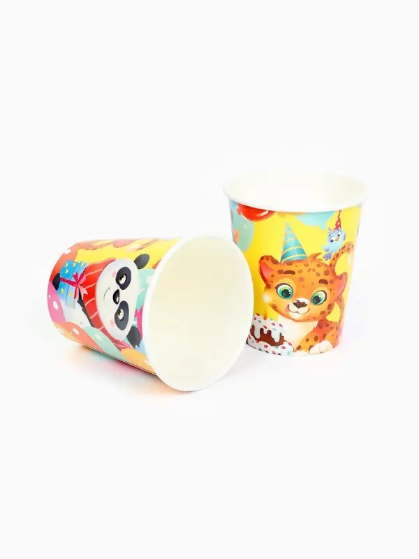Стакан одноразовый бумажный &laquo;С Днём рождения, весёлые зверята&raquo;, желтый, 250 мл