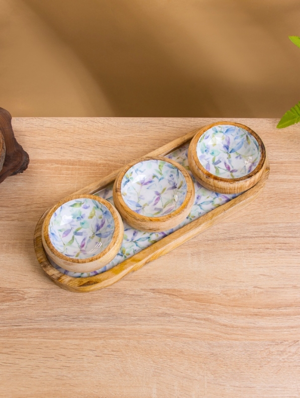 Набор розеток на подносе "Оттенки сирени" (3 шт) дерево манго 33,5х13х6,5 см