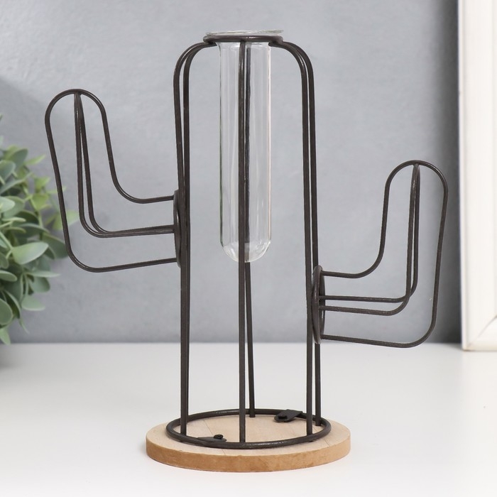 Декор металл, стекло, дерево "Кактус" на подставке чёрный 20х12х22,5 см