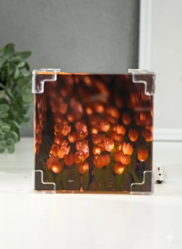 Ночник-зеркало 3D акрил "Бесконечные тюльпаны" 20 цветков в подарочном пакете 12х12х12 см