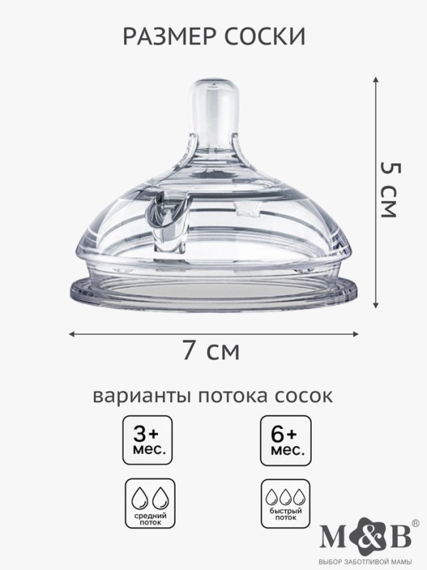 Соска для бутылочки силиконовой M&B, шир.горло, &Oslash;70мм, от 3 мес, антиколиковая
