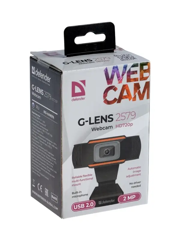 Веб-камера Defender G-lens 2579, 2 Мп, 1280&times;720, USB, jack 3.5, микрофон, 1.2 м, чёрная