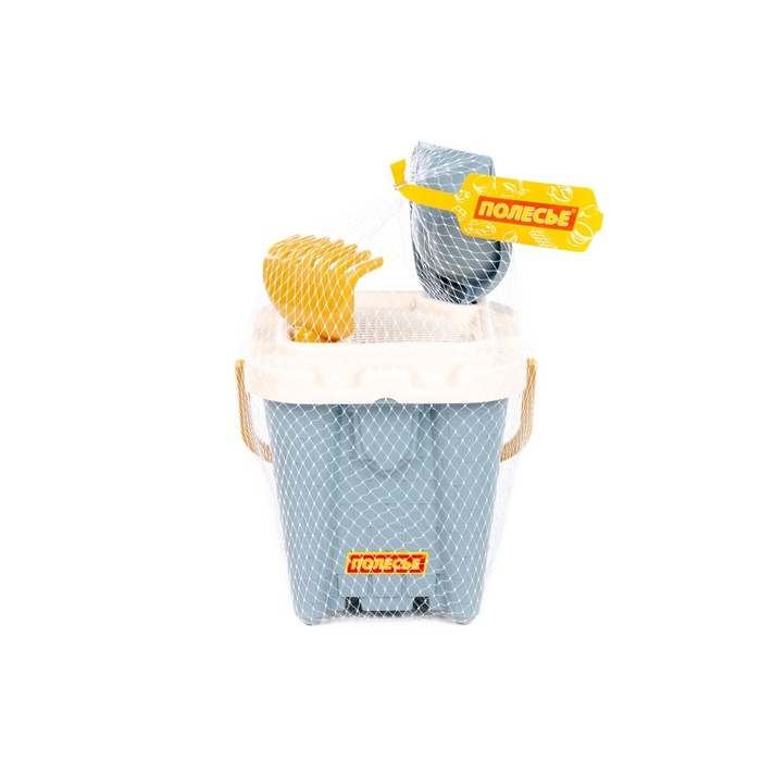 Песочный набор игрушек, 4 предмета: ведро-замок, ситечко, лопатка, грабельки, серо-голубой