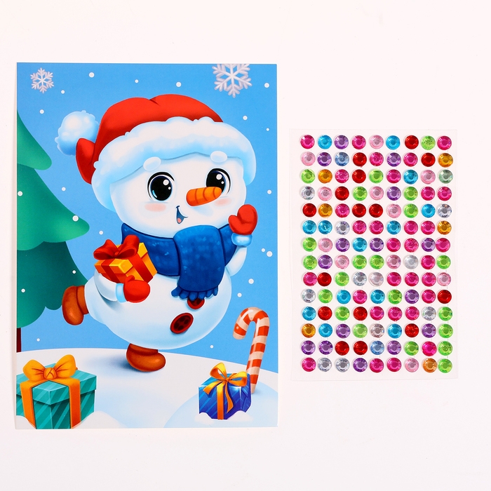 Аппликация стразами на новый год для детей &laquo;Снеговик&raquo;, А6, новогодний набор для творчества