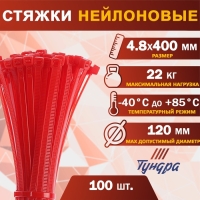 Хомут нейлоновый для стяжки, ТУНДРА, 4,8х400 мм, красный, 100 шт