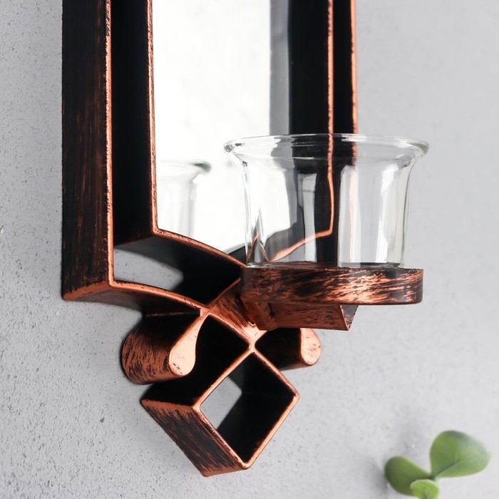 Подсвечник пластик, стекло на 1 свечу "Зеркальный свет" н-р 2 шт d-4 см бронза 8х11,5х37 см   906887