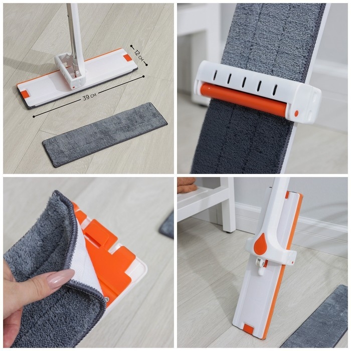 Швабра с отжимом и водосгоном Raccoon, 2 насадки из микрофибры 39&times;12 см, стальная ручка 130 см