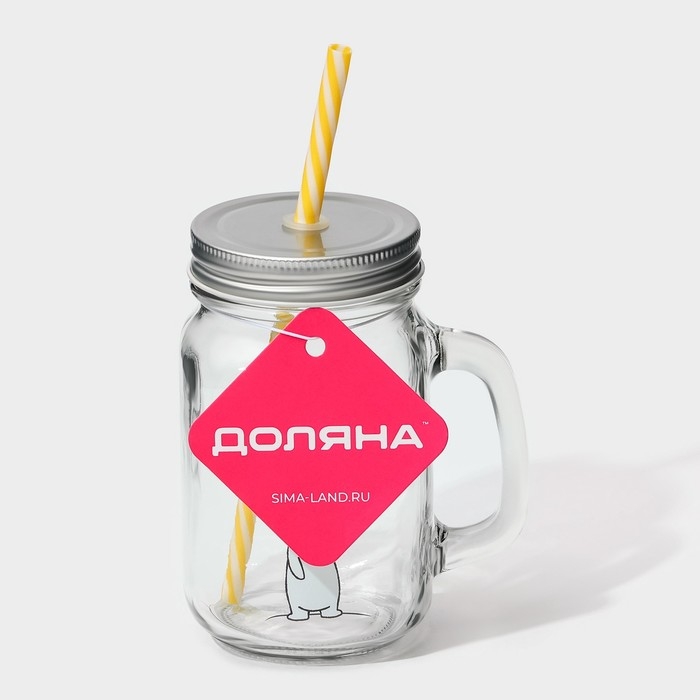 Кружка стеклянная с крышкой и трубочкой Доляна &laquo;Медведь&raquo;, 450 мл, 10&times;7,5&times;13 см