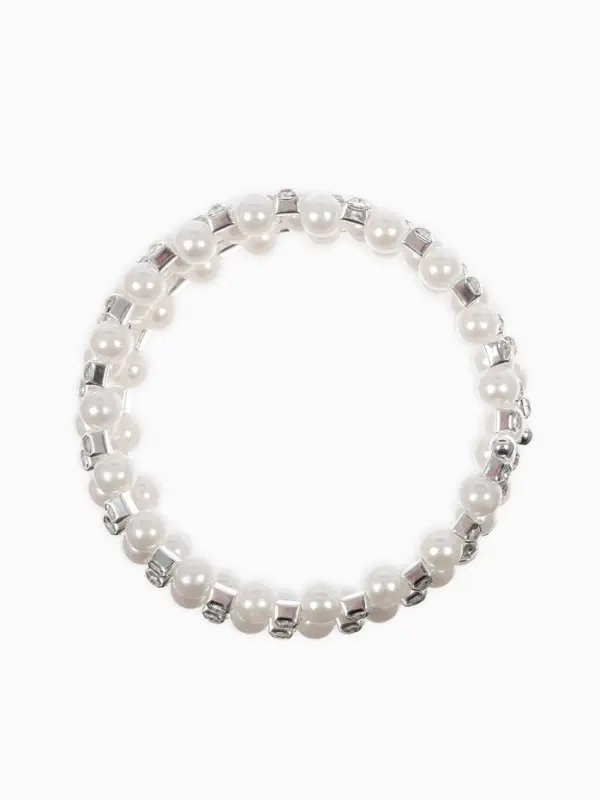 Браслет с жемчугом &laquo;Пружинка&raquo; стразинки, шар № 6, цвет белый в серебре, диаметр бр.6 см