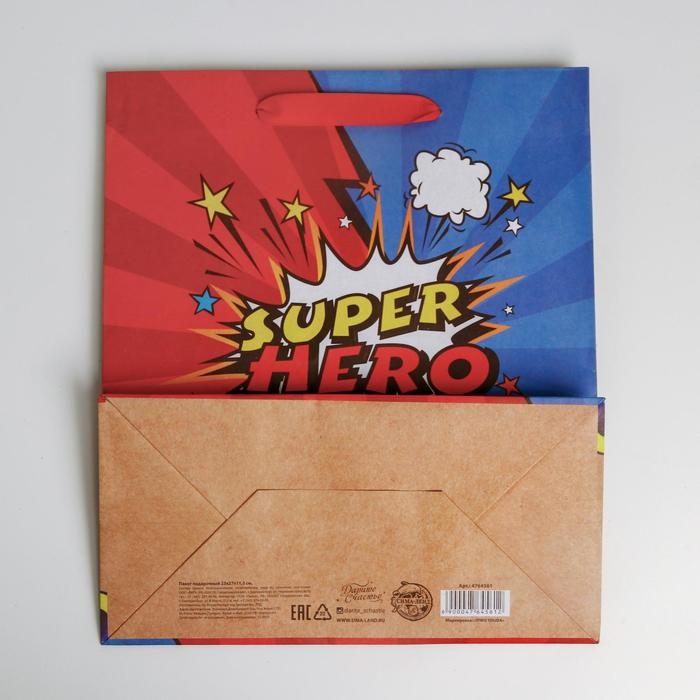 Пакет подарочный крафтовый вертикальный, упаковка, &laquo;Супер герой&raquo;, ML 23 х 27 х 11.5 см