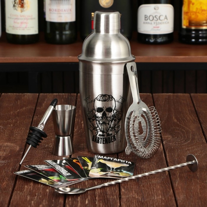 Набор барный &laquo;Крутой бармен&raquo;, 5 предметов, карточки с рецептами