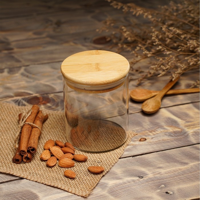 Банка стеклянная для сыпучих продуктов с бамбуковой крышкой BellaTenero &laquo;Эко&raquo;, 450 мл, 8,5&times;10,5 см