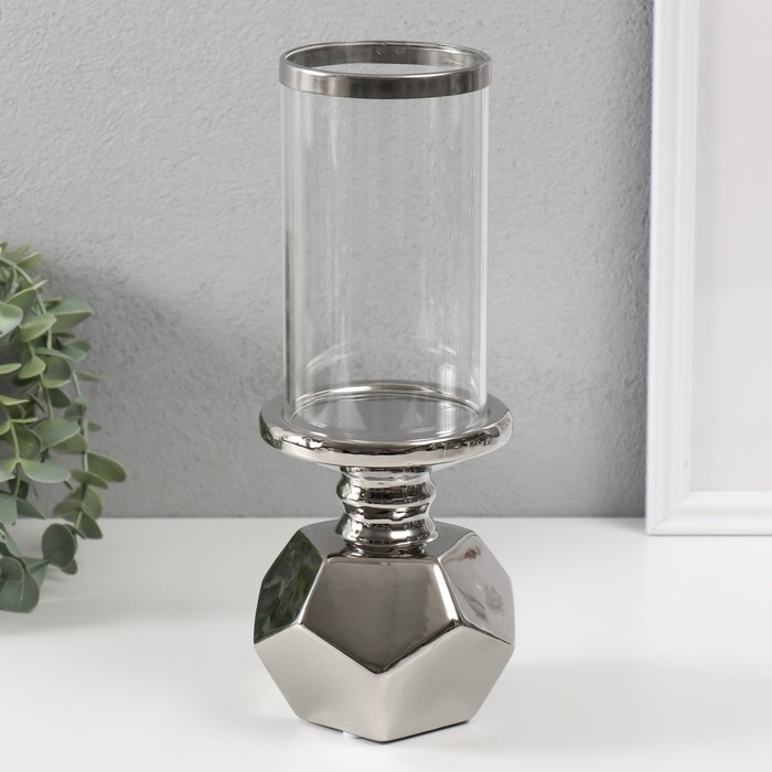 Подсвечник керамика, стекло на 1 свечу "Грани" d=7,5 см серебро 10,5х10,5х27 см