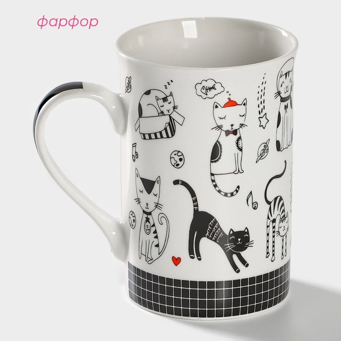 Кружка фарфоровая Доляна &laquo;Кошачьи будни&raquo;, 300 мл, цвет белый
