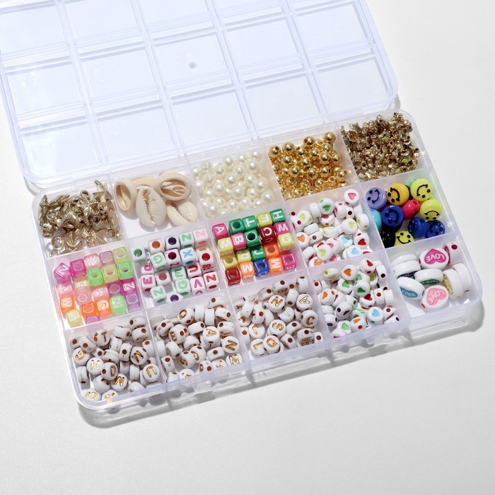 Набор для создания украшений &laquo;Ассорти&raquo;, 15 видов бусин, ножницы, леска 0,8 мм