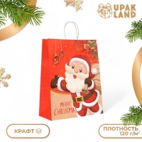 Новый год. Пакет бумажный подарочный новогодний крафт "Дед Мороз", 33 &times; 26 &times; 12 см.