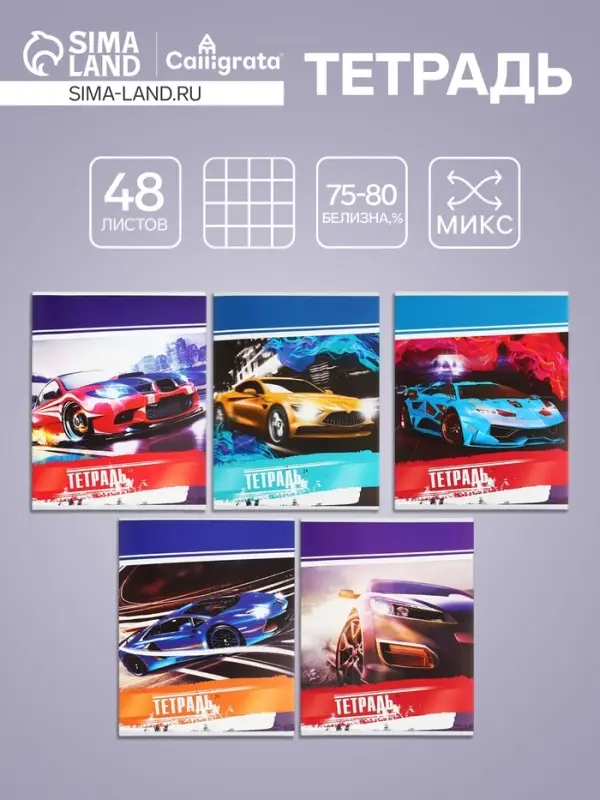 Тетрадь 48 листов в клетку, Calligrata &laquo;Авто&raquo;, обложка мелованный картон, серые листы, МИКС