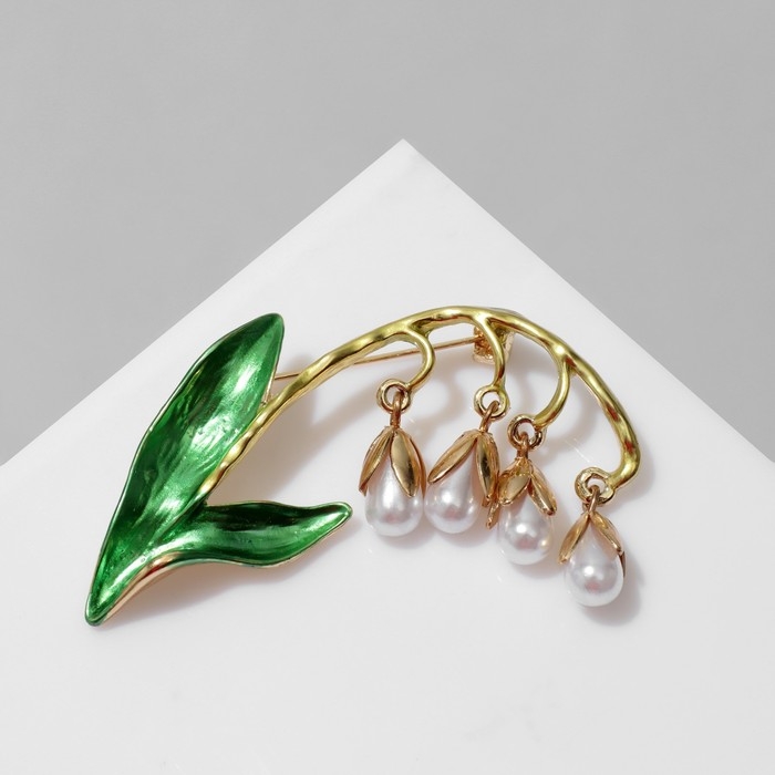 Брошь &laquo;Ландыши&raquo; веточка, цвет бело-зелёный в золоте