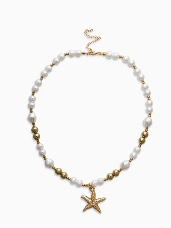 Кулон на жемчужных бусах "Морская звезда", цвет белый в золоте