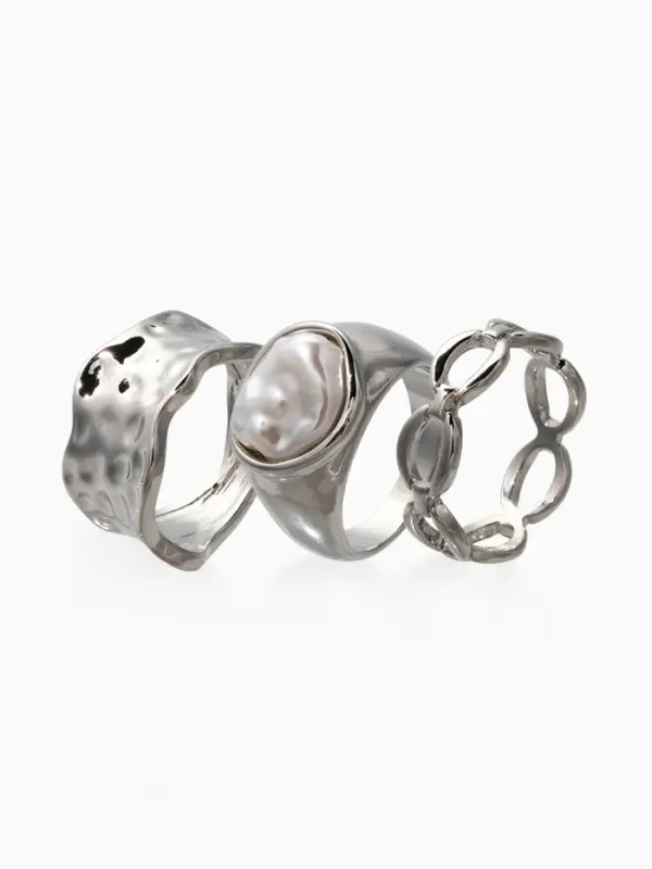 Набор колец 3 шт "Новый стиль" жемчуг,цепь, размер МИКС, цвет белый в серебре