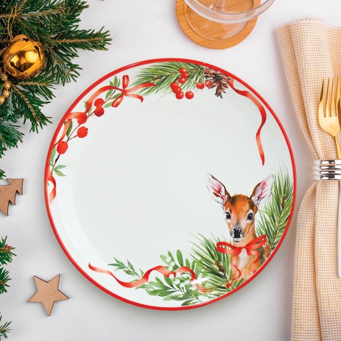 Новый год. Тарелка керамическая &laquo;Новогодняя сказка&raquo; красная, 22.5 см, цвет белый