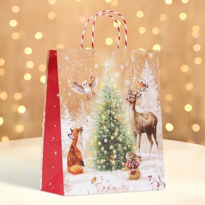 Новый год. Пакет бумажный подарочный новогодний крафт "Новогоднее чудо" 18 х 22,3 х 10 см.