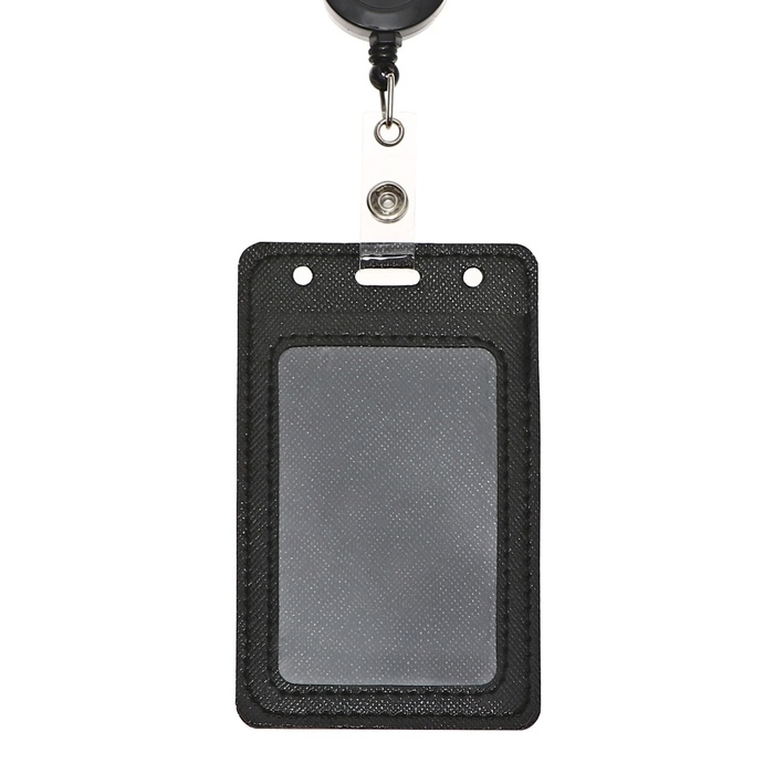 Бейдж-карман вертикальный кожзам, внешний 110x68мм, внутренний 85x54мм, рулетка 60см, чёрный.