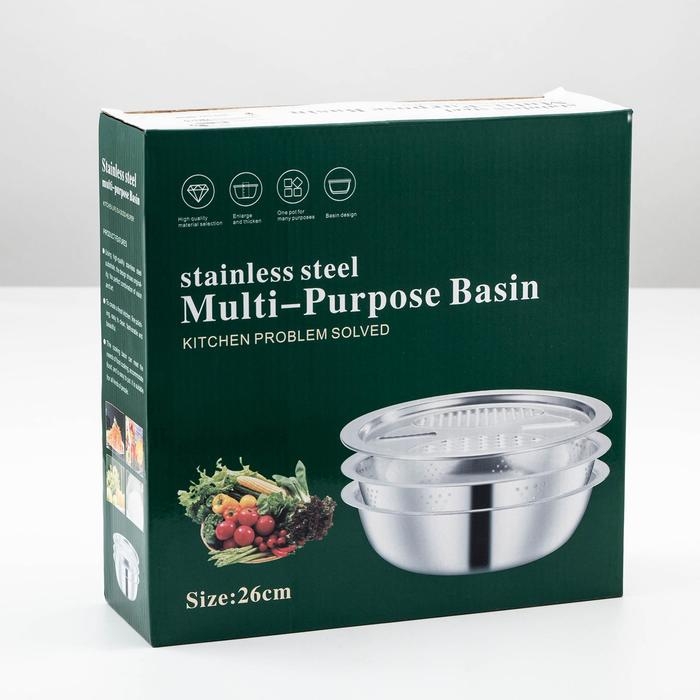 Набор кухонный из нержавеющей стали &laquo;Помощник&raquo;, миска d=26 см, дуршлаг, тёрка