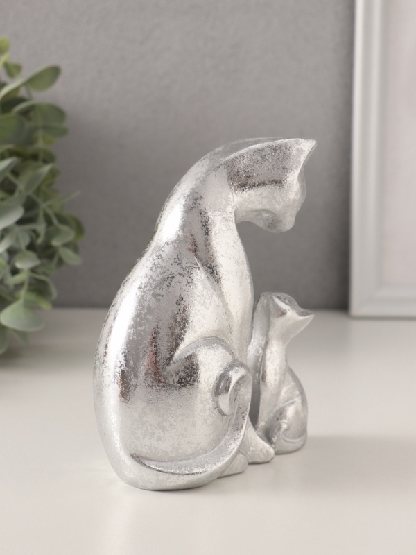 Сувенир полистоун "Кошка с котёнком" серебро 10х6х13,5 см