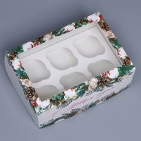 Коробка складная на 6 капкейков с окном &laquo;Веточки&raquo;, 25 х 17 х 10 см, Новый год