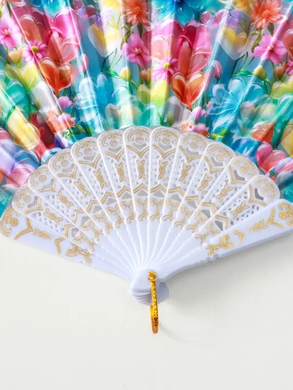 Веер пластик, текстиль "Россыпь цветов" МИКС широкие лопасти 23 см