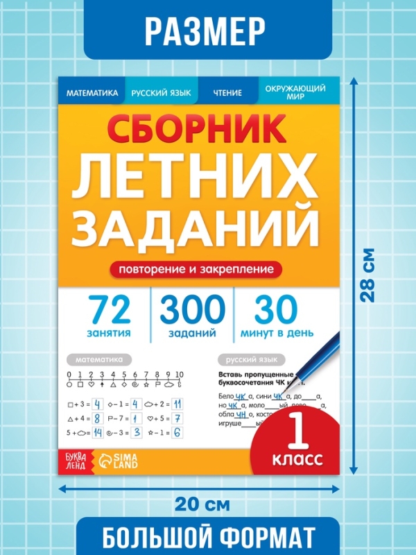 Тренажёр "Сборник летних заданий за курс 1 класса", 100 страниц.