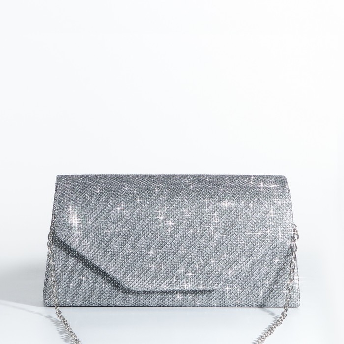 Сумка-клатч на магните, длинная цепь, цвет серебристый